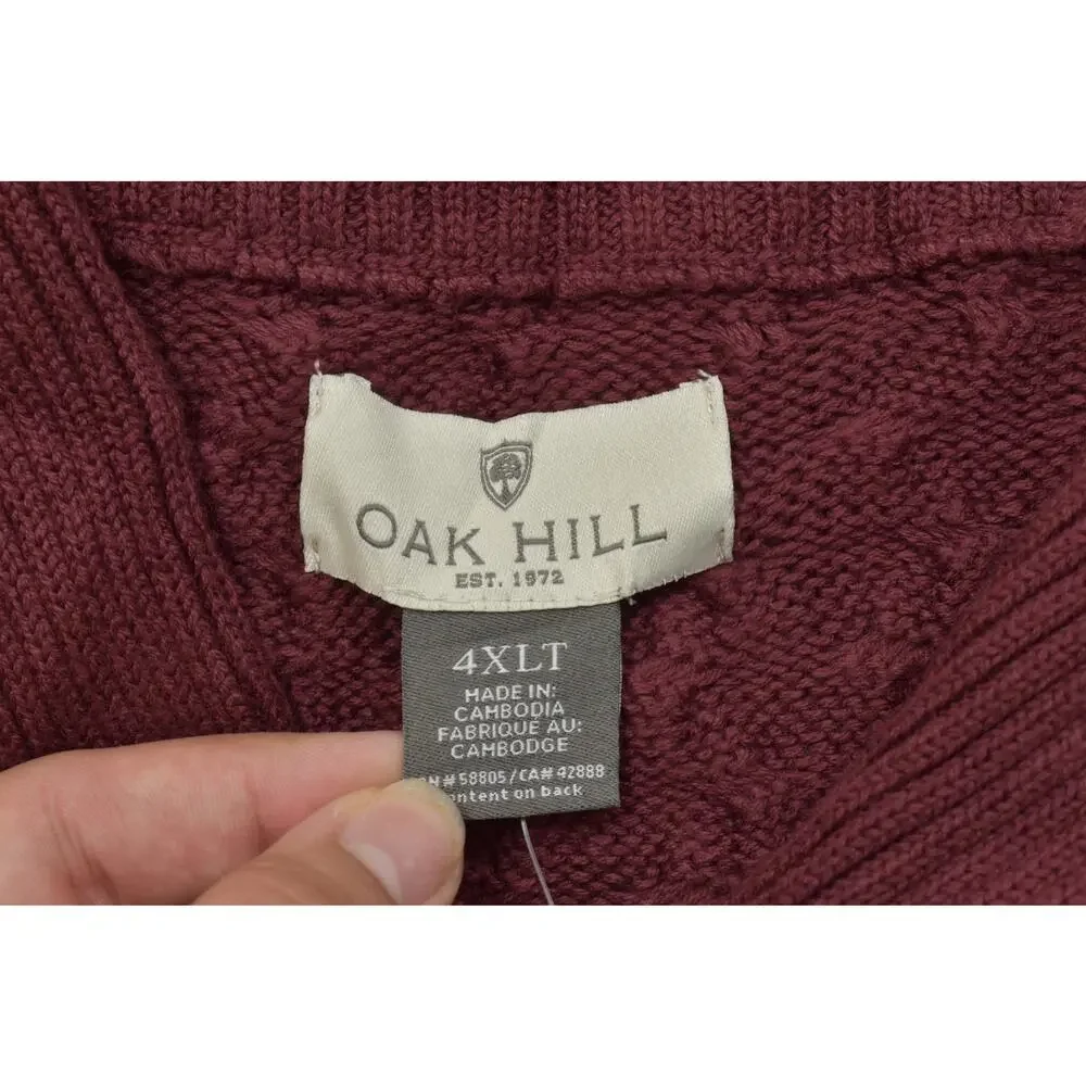 Oak Hill Men's 4XLT Burgundy Shawl Neck Cable Knit Cotton Sweater NWT Big & Tall